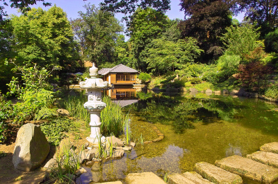 Teehaus am großen Teich im Japanischen Garten. Eine kleine Steinbrücke führt über den See.