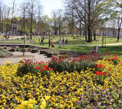 Der Stadtpark ist gut besucht und im Vordergrund blühen Tulpen und Stiefmütterchen.