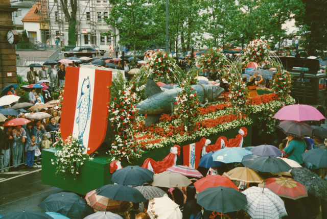 Ein Festzug mit dem Lautrer Hecht auf dem Wagen umgeben von roten und weißen Rosen und Blumen. © Stadtarchiv
