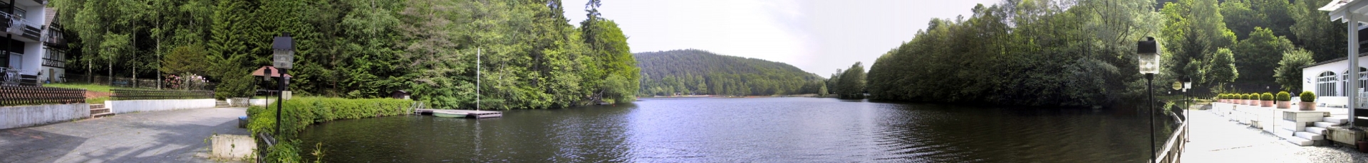 Panoramaansicht des Gelterwoog-Sees vom Ufer des Hotels.