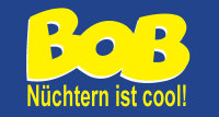 Die gelben Buchstaben 'BOB - Nüchtern ist cool!' auf blauem Grund 