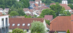 Erfenbach im Sommer komplett in Grün getaucht. Die Bäume machen einen Großteil des Stadtbildes aus, im Hintergrund ist der Turm der Katholischen Kirche zu sehen. 