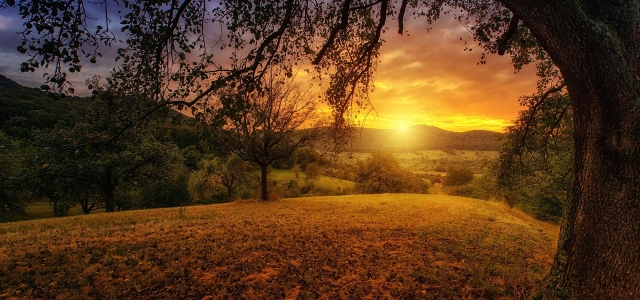 Romantische Ansicht einer Landschaft bei Sonnenuntergang
