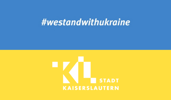 Grafik mit den ukrainischen Farben mit dem Logo der Stadt Kaiserslautern und dem Schriftzug 