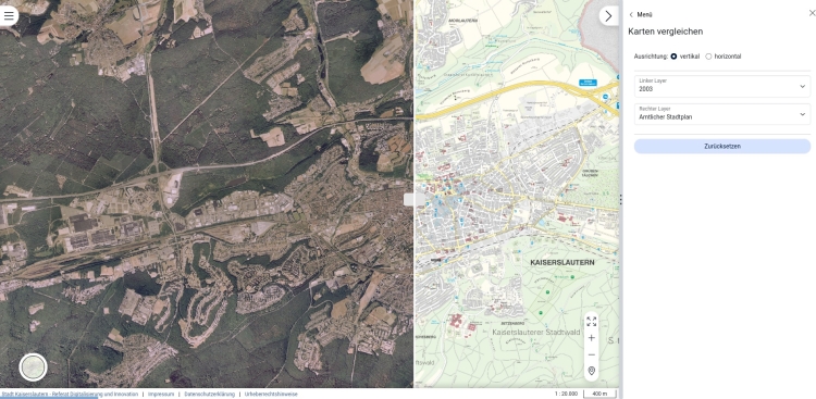 Im neuen Geoportal kann man zwei Ansichten übereinander legen und per Sliderfunktion frei verschieben. Der Screenshot zeigt das Luftbild von 2003 in Kombination mit dem aktuellen amtlichen Stadtplan.  © Stadt Kaiserslautern
