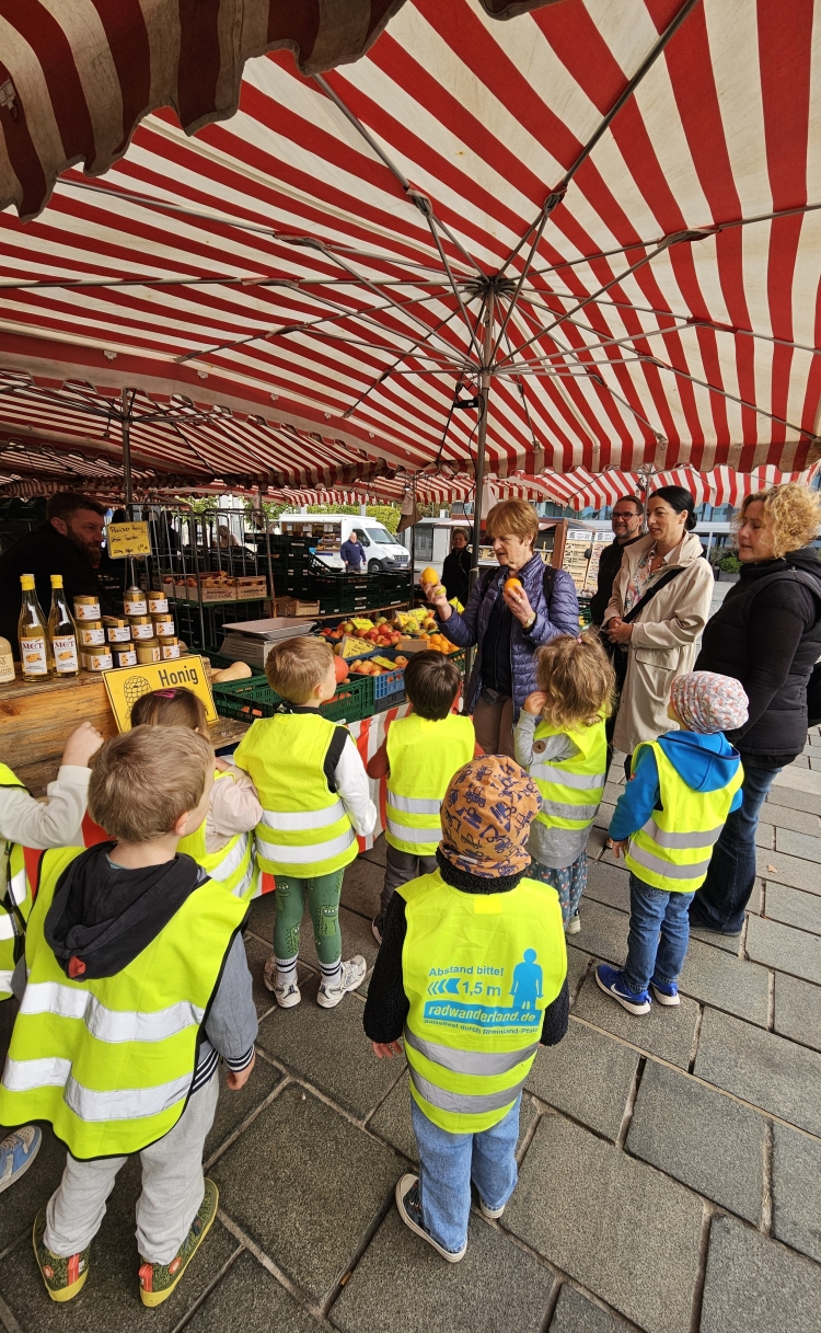 © Stadt Kaiserslautern Orange oder Zitrone? Karin Postweiler erläuterte den Kita-Kindern unter anderem die unterschiedlichen Obstsorten. © Stadt Kaiserslautern