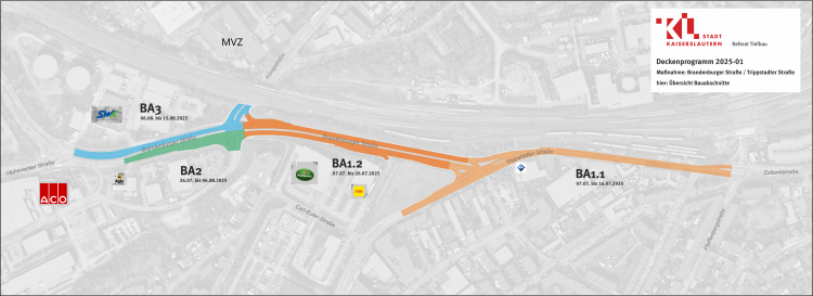 Der Plan zeigt die vier Bauabschnitte mit unterschiedlichen Farben und die angrenzenden Gewerbebetriebe. © Stadt Kaiserslautern