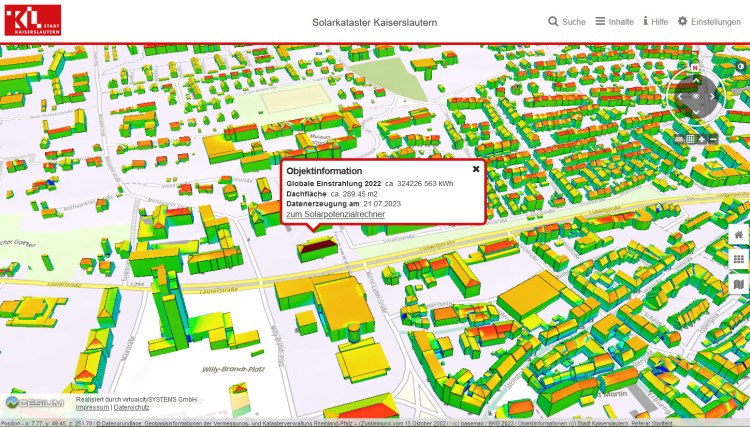 Ein Screenshot des neuen Solarkatasters. © Stadt Kaiserslautern