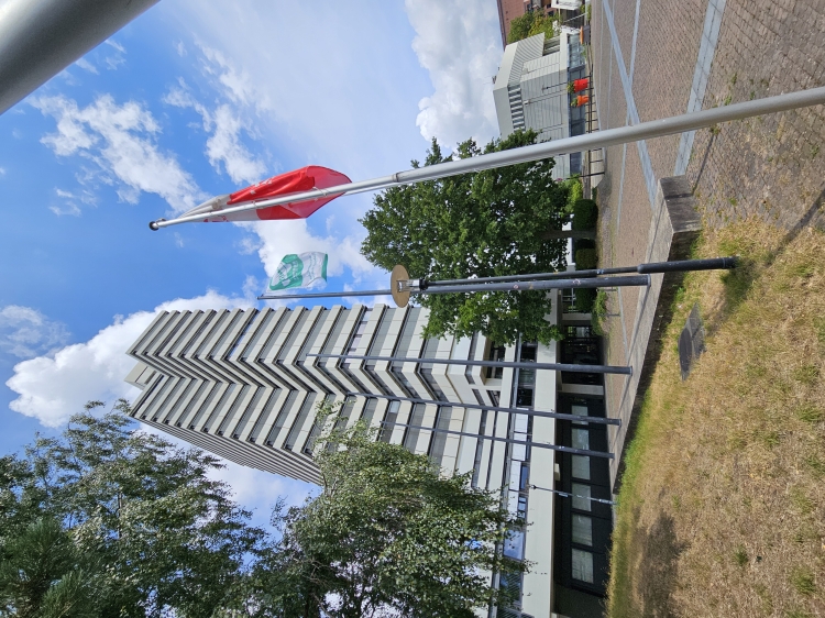 Die Mayors-for-Peace-Flagge weht vor dem Rathaus 