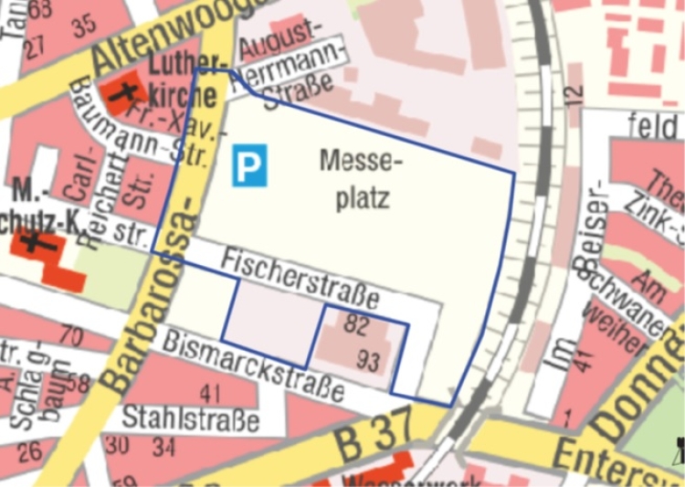 Die Cannabiskonsumverbotszone auf einem Kartenausschnitt rund um den Messeplatz © Stadt Kaiserslautern