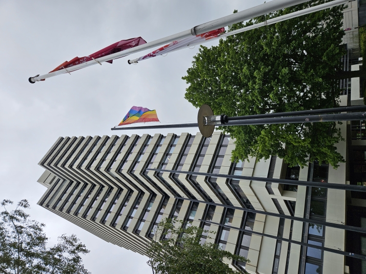 Die Regenbogenflagge weht an einem der Fahnenmasten vorm Rathaus. © Stadt Kaiserslautern
