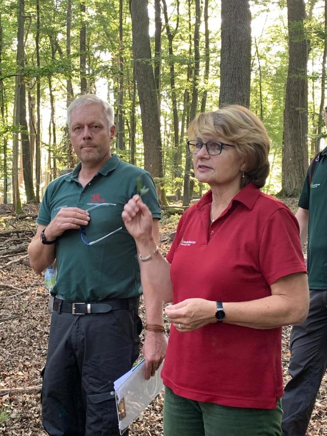 Martin Hofmann, Leiter des städtischen Forstes und Ute Fenkner-Gies. Leiterin des Forstamtes Kaiserslautern, erläutern die Situation im Biotopschutzwald Kranzeichen © Stadt Kaiserslautern