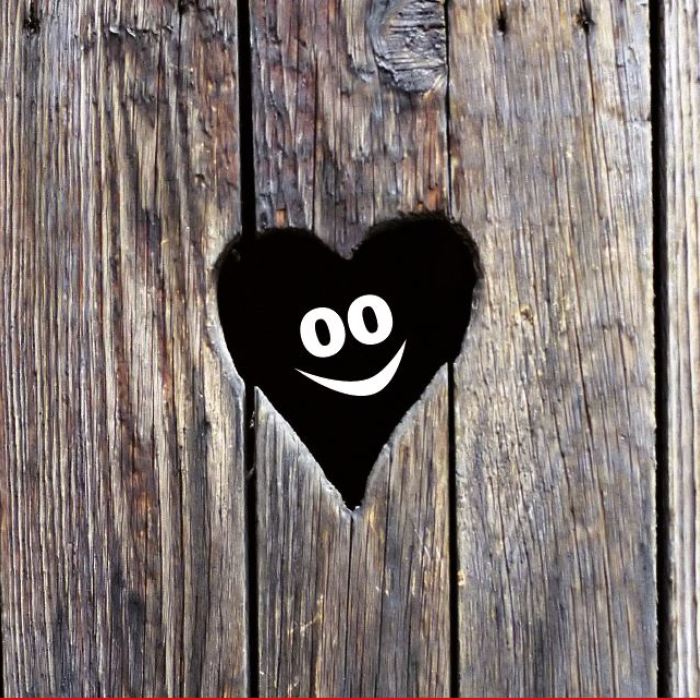 angedeutete Toilettentür aus Holzbohlen mit Herzausschnitt, in dem auf schwarzem Hintergrund mit weißer Farbe zwei Augen und ein Lachmund gemalt sind 