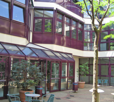 Innenhof HSG im Sonnenlicht - Schulgebäude mit roten Fensterrahmen und Grünpflanzen