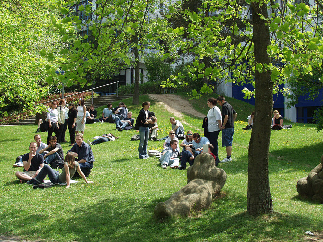 Mehrere Studenten sitzen in Grüppchen auf der leicht ansteigenden Wiese. Bäume spenden Schatten und im Vordergrund sind zwei menschliche Statuen zu sehen.