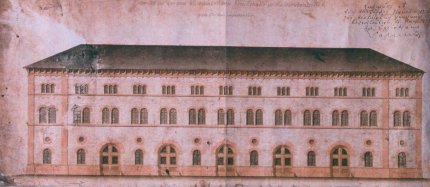 Der gemalte Entwurf von 1846 sieht identisch aus mit der heutigen Fassung der Furchthalle . Das Papier ist mittlerweile leicht vergilbt. © Stadt Kaiserslautern