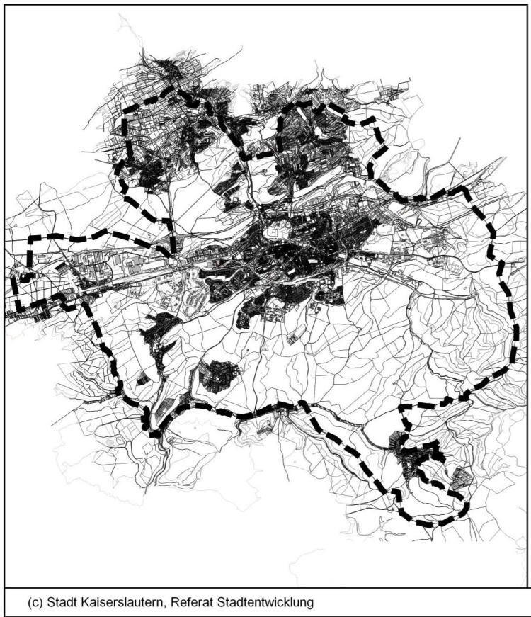 Die Graphik zeigt die Katasterkarte von Kaiserslautern und die Stadtgrenze © Stadt Kaiserslautern