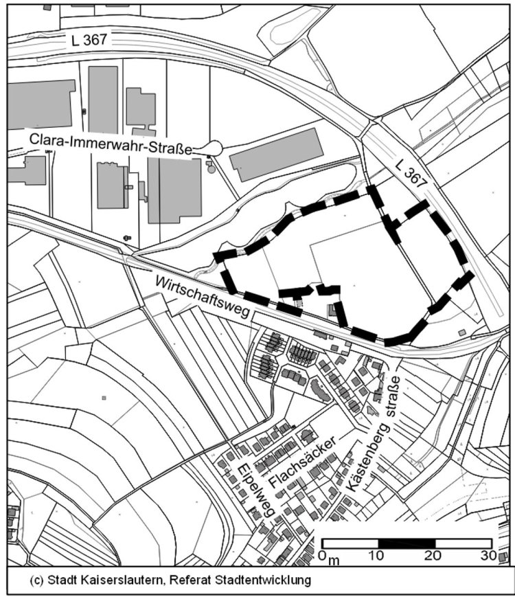 Graphik mit Abgrenzung des Bebauungsplangeltungsbereichs. © Stadt Kaiserslautern