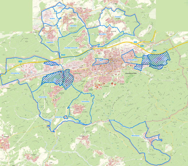 Plan der Aufteilung der Abrechnungsgebiete und deren Grenzen © Stadt Kaiserslatern