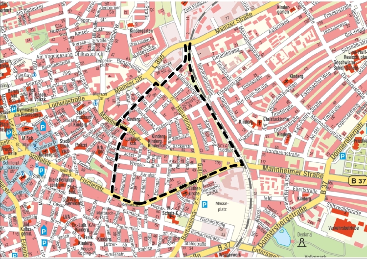 Die Graphik zeigt einen Ausschnitt des Stadtplans mit der Abgrenzung des Städtebaufördergebiets Innenstadt Ost, nördlicher Teil © Stadt Kaiserslautern