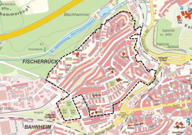 Stadtplan mit Geltungsbereich des Soziale Zusammenhalt-Gebiets Kaiserslautern Nordwest © Stadt Kaiserslautern