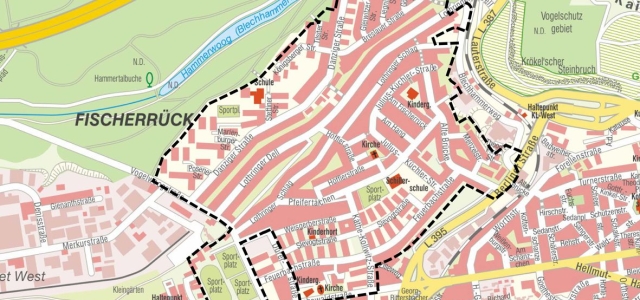 Stadtplan mit Geltungsbereich des Soziale Zusammenhalt-Gebiets Kaiserslautern Nordwest