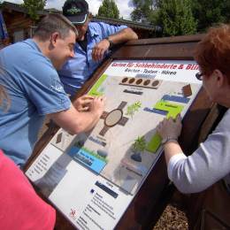 Sehbehinderte Menschen lesen den Lageplan des Duft-und Tastgartens mit ihren Fingern.
