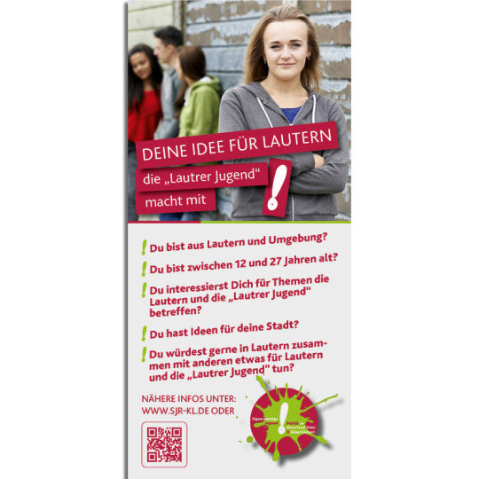 Flyer für die Aktion DEINE IDEE FÜR LAUTERN - die Lautrer Jugend macht mit. Foto zeigt eine Jugendliche mit verschränkten Armen, die in die Kamera blickt. Im Hintergrund 3 Jugendliche im Gespräch