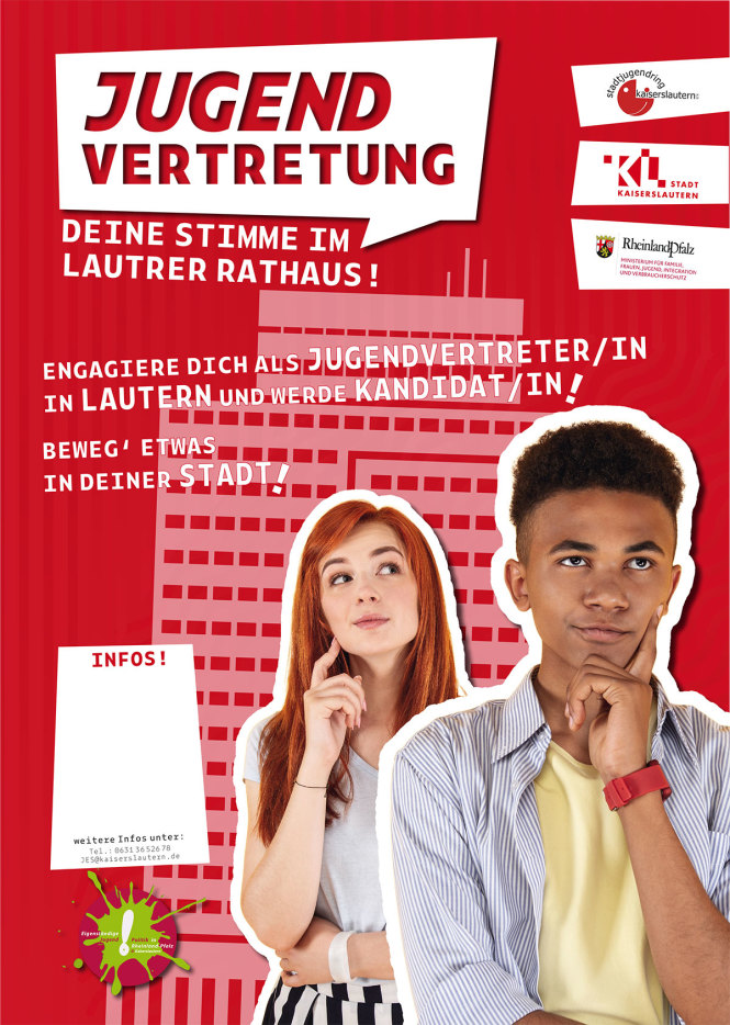 Werbeplakat für die Jugenvertretung im Lautrer Rathaus - zwei Jugendliche in Denkerpose vor einem skizzierten Lautrer Rathaus © Stadt Kaiserslautern