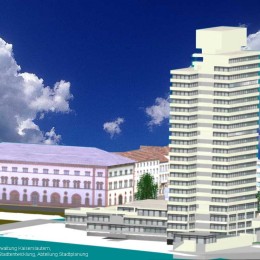 Die Gebäude Rathaus und Fruchthalle als 3D-Modell vor blauem Himmel