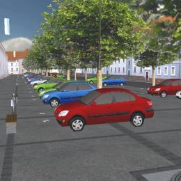 Simulation eines Stadtparkplatzes mit Modellautos und Bäumen