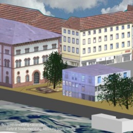 3D-Stadtmodell Blick auf Fruchthalle, Tourist- Information mit Geschäftshaus am Schillerplatz