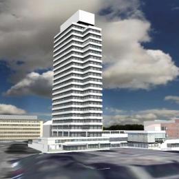 das Rathausgebäude und der Rathausvorplatz als 3D-Modell vor blauem Himmel