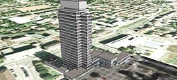 Das 3D-Rathausgebäude aus der Vogelperspektive eingebunden in die Stadtansicht