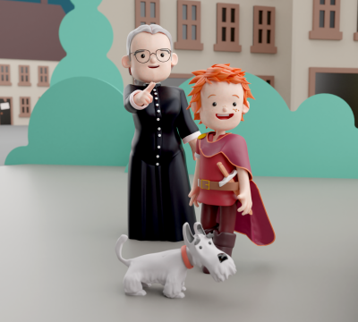 Klein Friedrich mit seinem Hund Ted und Lina Pfaff vor dem Kaiserbrunnen