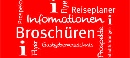 Roter Hintergrund mit den Worten Broschüren, Flyer, Prospekte, Informationen