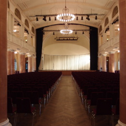 View of the stage of the 'Großer Saal' of the Fruchthalle.