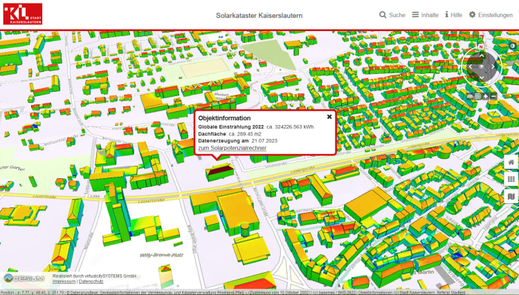 Ausschnitt des Solardachkataster der Stadt Kaiserslautern © Stadt Kaiserslautern