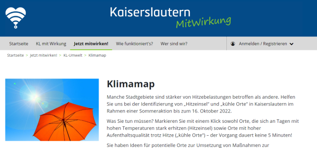 Ausschnitt der Website KL mit Wirkung. Gezeigt wir die Klimamap, auf der Ort markiert werden können.