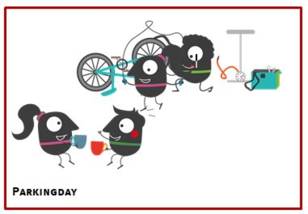 Die Graphik zeigt stilisierte Personen, die an einem Fahrrad arbeiten und nebenbei Kaffee trinken.