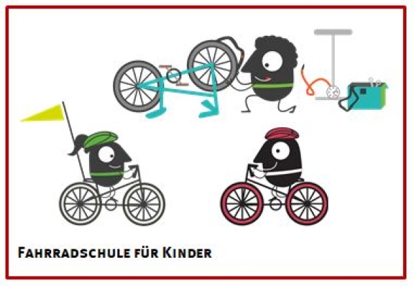 Die Graphik zeigt stilisierte Personen, die sich mit Fahrrädern beschäftigen.