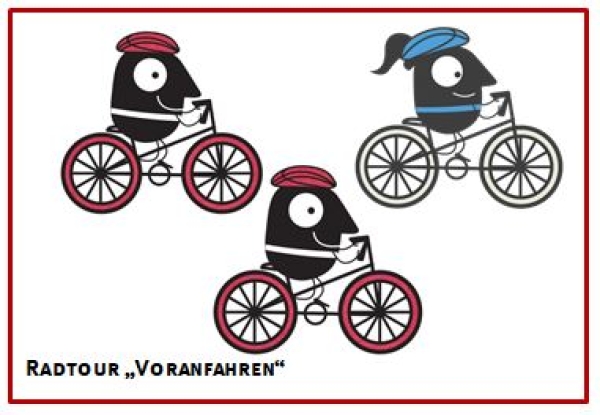 Die Graphik zeigt stilisierte Personen auf Fahrrädern.