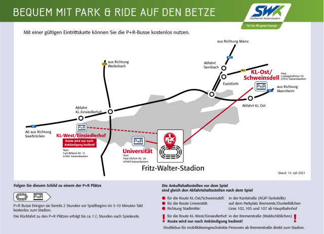 Übersichtskarte mit den Park & Ride Parkplätze zum FCK-Stadion - Stand Juli 2021 © SWK Stadtwerke Kaiserslautern Verkehrs-AG 