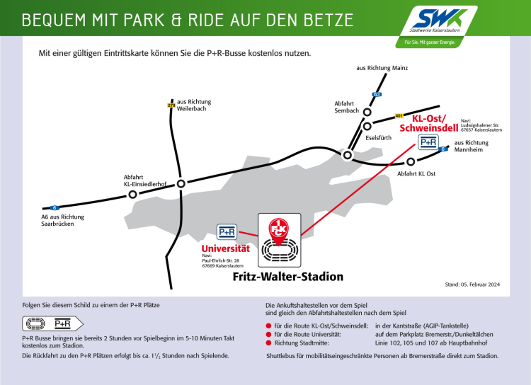 Stadtplan mit den Park & Ride Parkplätzen in KL-Ost / Schweinsdell und Universität © SWK