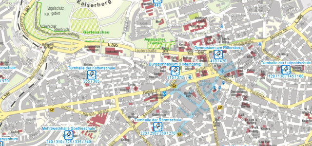 Karte mit den Wahllokalen in Kaiserslautern für die Wahlen 2019
 